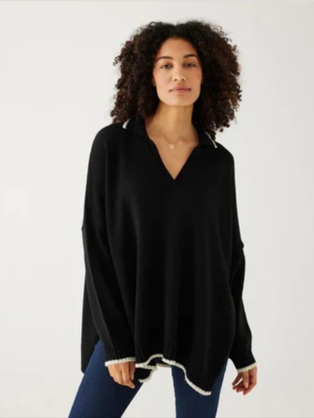 Mersea Marina Polo Sweater Black/White V-Neck Oversized Contrast Trim OS
